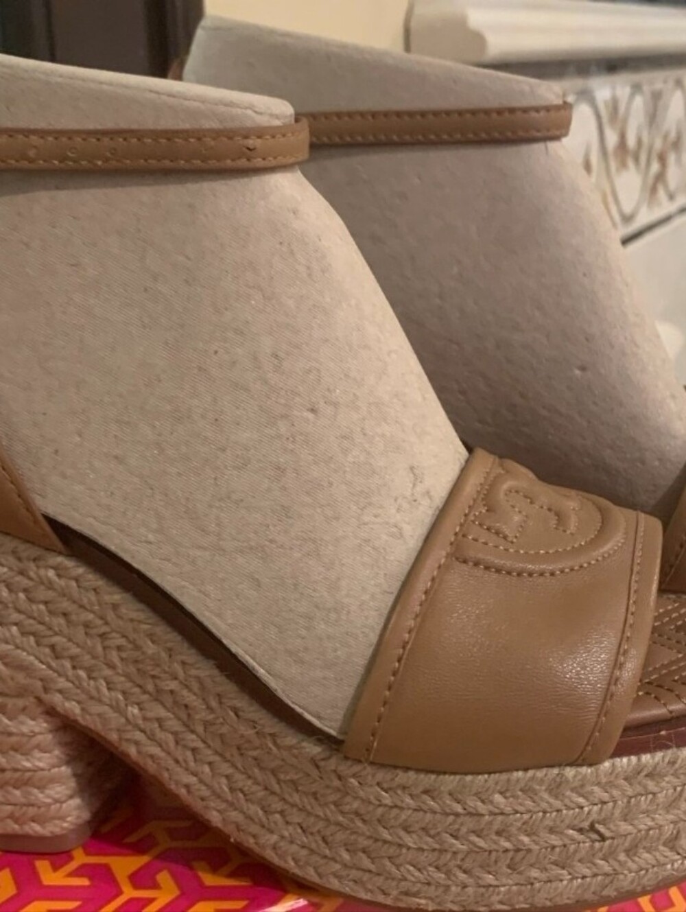 Tory Burch Tan Leather Espadrille Platform Sandals